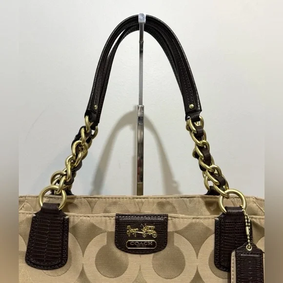 Coach Madison Signature Tan Sateen Canvas Tote with Dark Brown Leather Trim - Picture 6 of 16